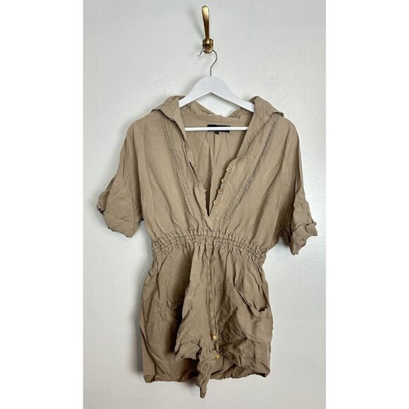 BLANK NYC Linen Blend Button Up Romper in Tan Size Medium - Picture 3 of 10